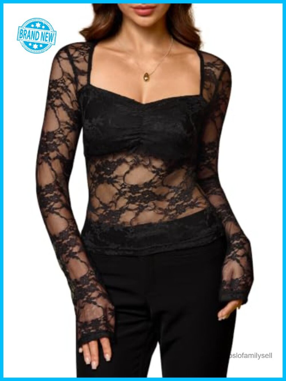 Lace Ruched Bust Mesh Top Sheer Long Sleeve Blouse